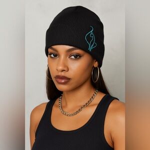 Baby Phat Black Beanie with Teal Embroidered Cat Logo Y2K Streetwear